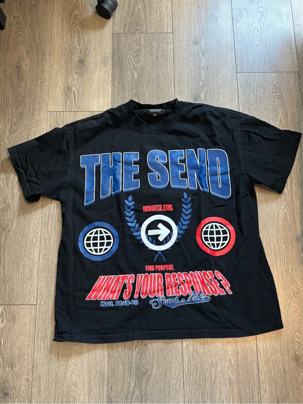 Black 'THE SEND' Graphic Tee with Blue & Red Print